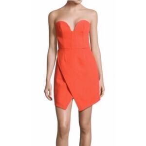 CAMEO Strapless Bright Coral Strapless Faux Wrap Asymmetrical Mini Dress